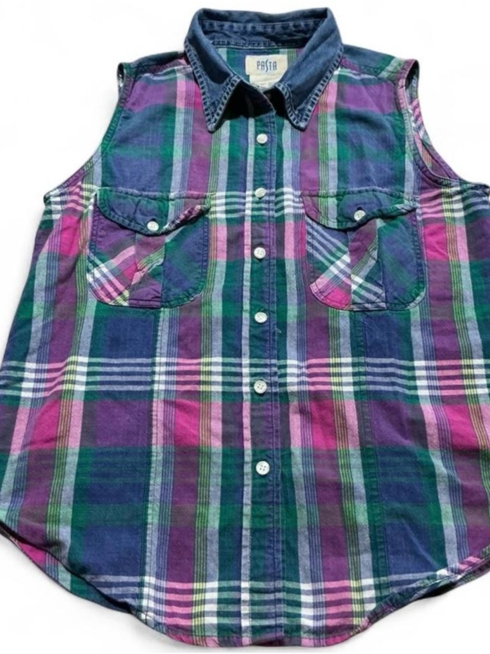 Vtg Pasta 80s/90s Country Mom Sleeveless Plaid Purple Pink Button-Down Shirt S